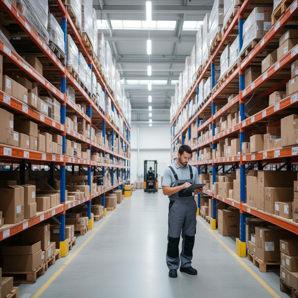 Worker checking inventory in a modern fulfillment warehouse